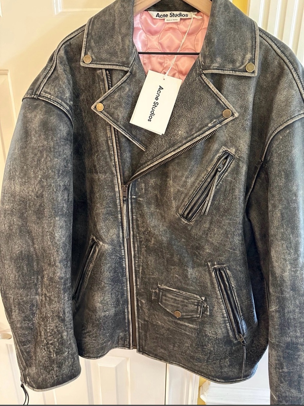 Acne Washed Black Leather Biker Jacket with Pink Quilted Lining - Picture 3 of 6